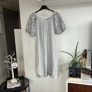Made in Italy Carina Ricci Pure Linen Grey Egg Shell Elegant Lace Sleeve Dress